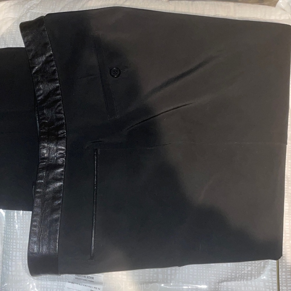 Mens theory black techno garb slacks with leather waist band and trim
